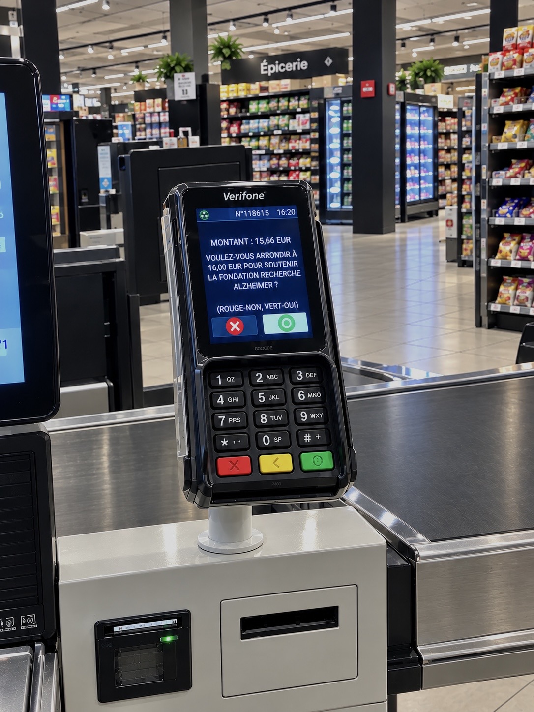 Terminal de paiement proposant L’ARRONDI pour la Fondation Recherche Alzheimer dans un magasin